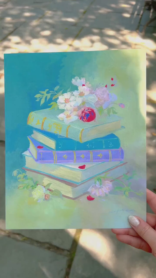 her storybooks - romantic stack of books art print | art for bookworms book lovers
