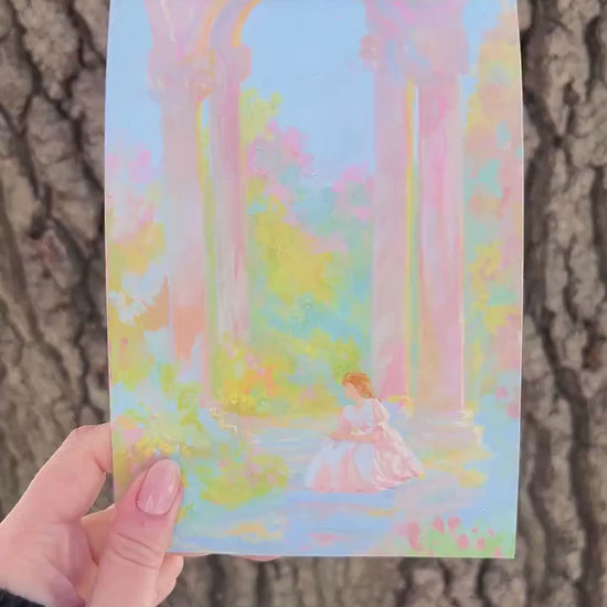 a moment in the garden - art print from original gouache painting, calming romantic pastel color