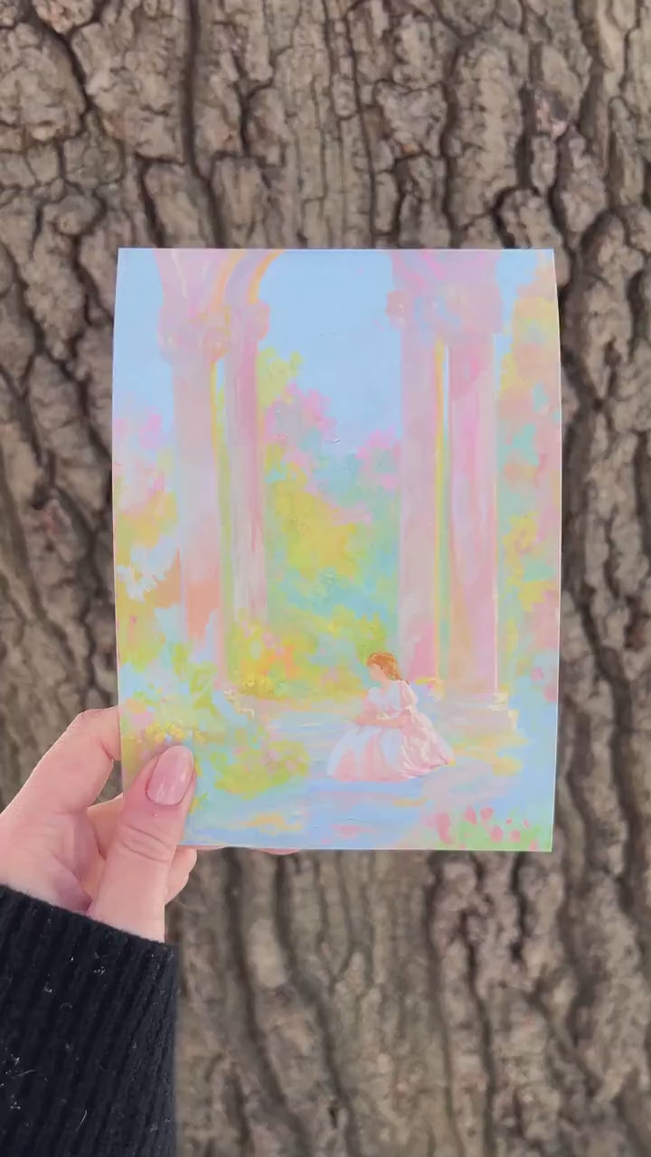 a moment in the garden - art print from original gouache painting, calming romantic pastel color