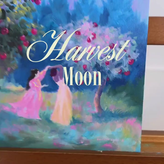 harvest moon - art print from original acrylic painting, two women dance in an apple orchard under moonlight