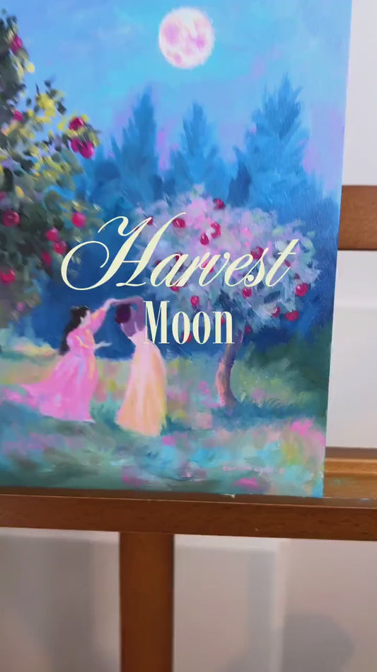 harvest moon - art print from original acrylic painting, two women dance in an apple orchard under moonlight