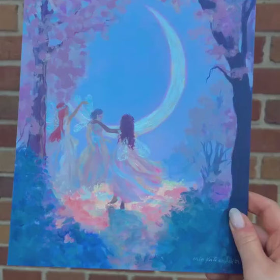 the moon makes four - art print from original acrylic painting of faeries dancing with the moon