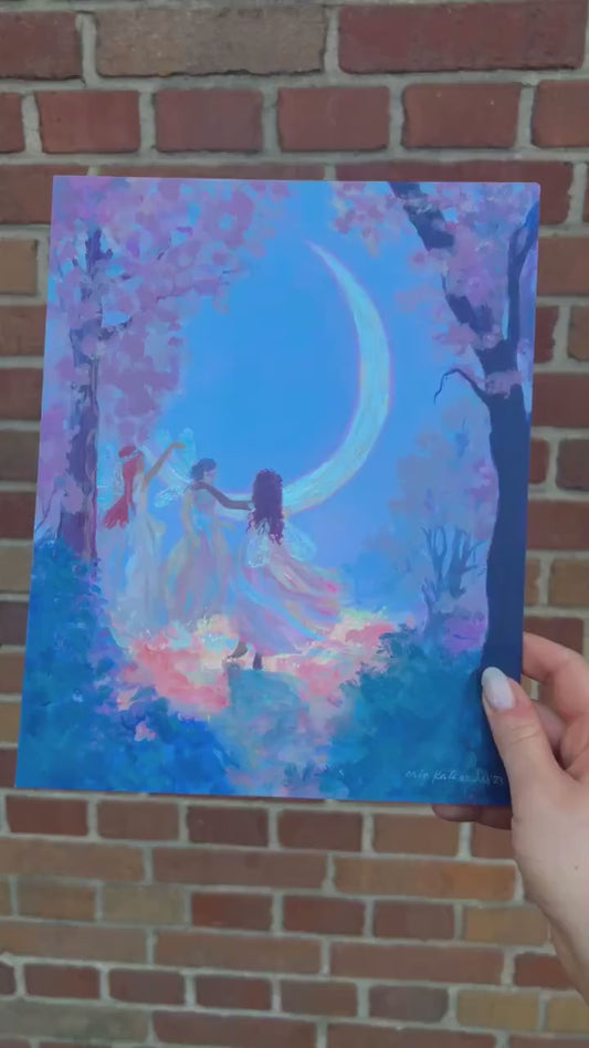 the moon makes four - art print from original acrylic painting of faeries dancing with the moon