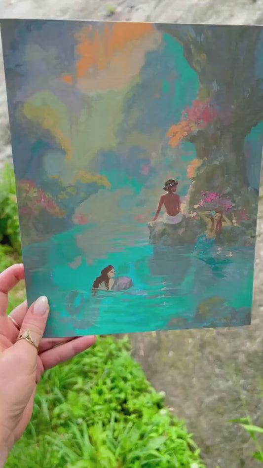 three in the mermaid lagoon art print from original gouache painting