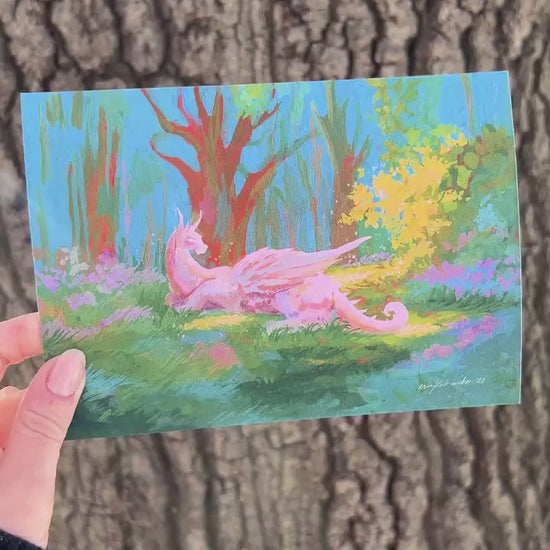 dragon in the clearing art print from original gouache painting for fantasy readers & lovers