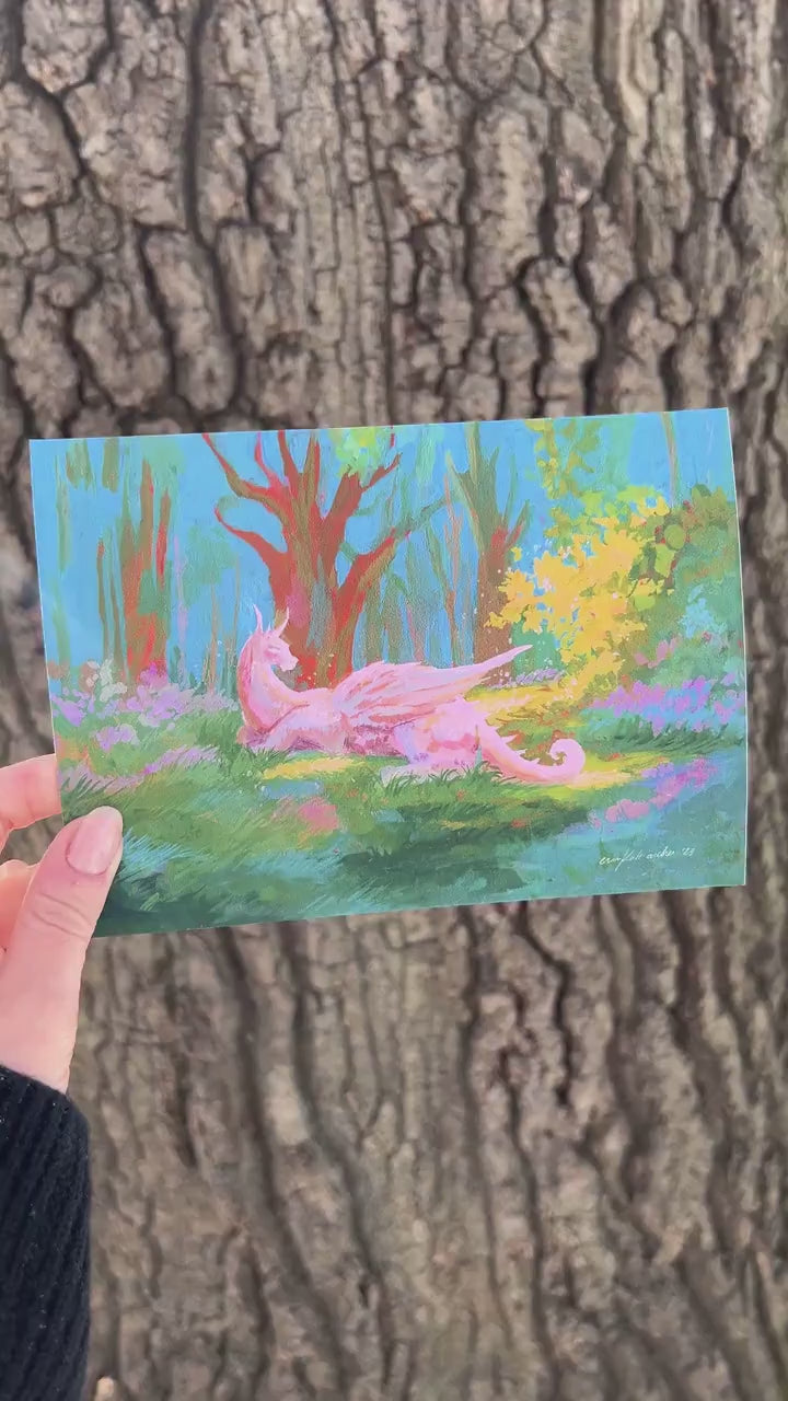 dragon in the clearing art print from original gouache painting for fantasy readers & lovers